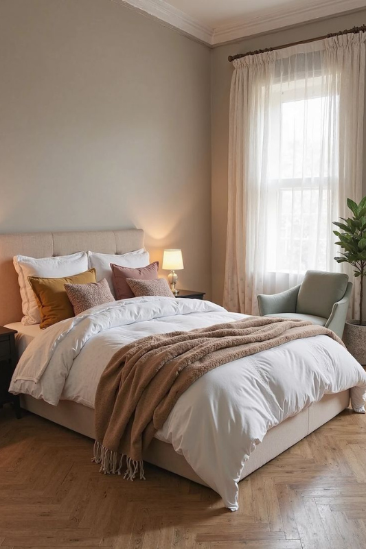 Cozy modern bedroom featuring neutral bedding, warm accent pillows, a beige upholstered headboard, textured throw blanket, sheer curtains, and a soft armchair by the window for a relaxing and stylish atmosphere. 