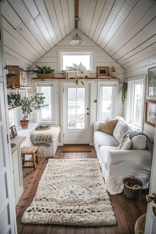 Serene she shed interior with white walls, a fluffy textured rug, soft linen couch, and boho-style accents in a compact layout.