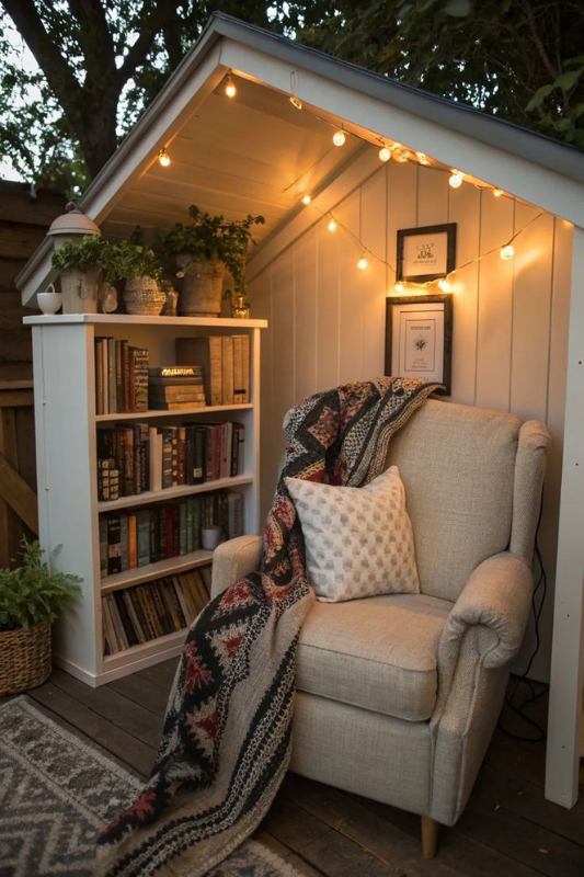 She shed reading corner featuring a beige armchair with a throw blanket, soft lighting from string lights, a full bookshelf, and cozy cottage-style decor.