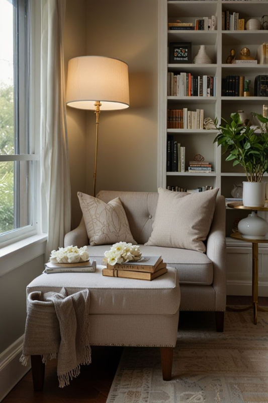 Peaceful cozy reading nook featuring a neutral armchair and matching ottoman, soft throw blanket, floor lamp with warm lighting, built-in bookshelves, and a side table with greenery for a relaxing corner retreat. 