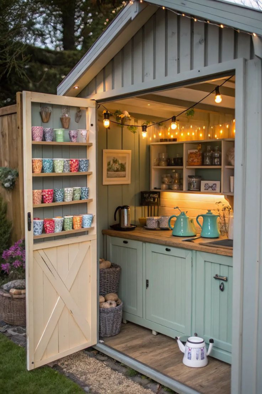 Cottage-style she shed kitchenette with mint green cabinets, colorful mugs on the door, and string lights.