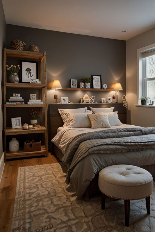 Cozy small bedroom with dark accent wall, warm bedside lighting, wooden floating shelves, and layered neutral bedding — perfect for small bedroom decor ideas, warm bedroom inspiration, and shelving decor tips for bedrooms. 