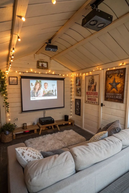 Warmly lit white she shed with home theater setup, projector screen, and cushy gray sectional.