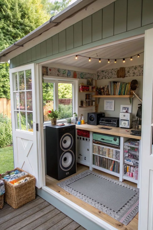 She shed music and craft studio with record player, large speakers, wall shelving, and string lights.
