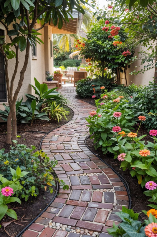 Narrow winding brick garden pathway bordered by blooming zinnias and tropical plants, leading to a cozy backyard patio.
