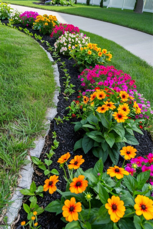 Curved landscape flower bed with yellow, orange, and pink flowers bordered by mulch and natural stone edging.