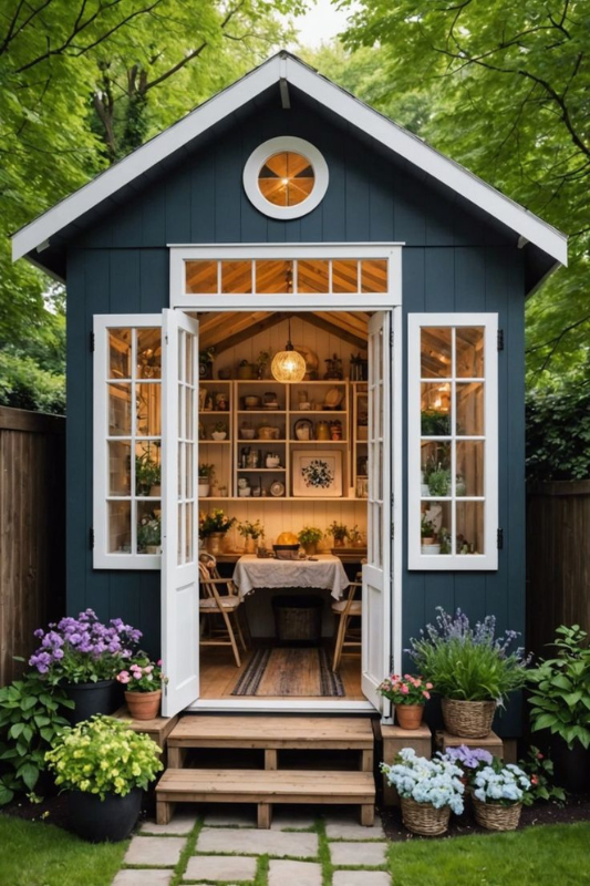 Dreamy backyard she shed with white French glass doors, warm interior lighting, potted flowers, and a rustic wood deck, surrounded by lush greenery