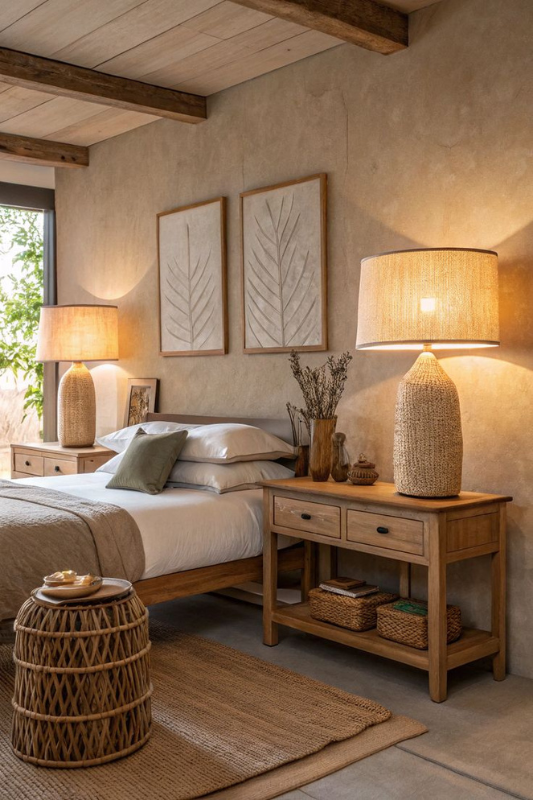 Modern earthy bedroom featuring wood frame bed, woven rattan nightstands, textured beige wall art, linen lampshades, layered neutral bedding, and natural woven accents that create a cozy and grounded aesthetic. 