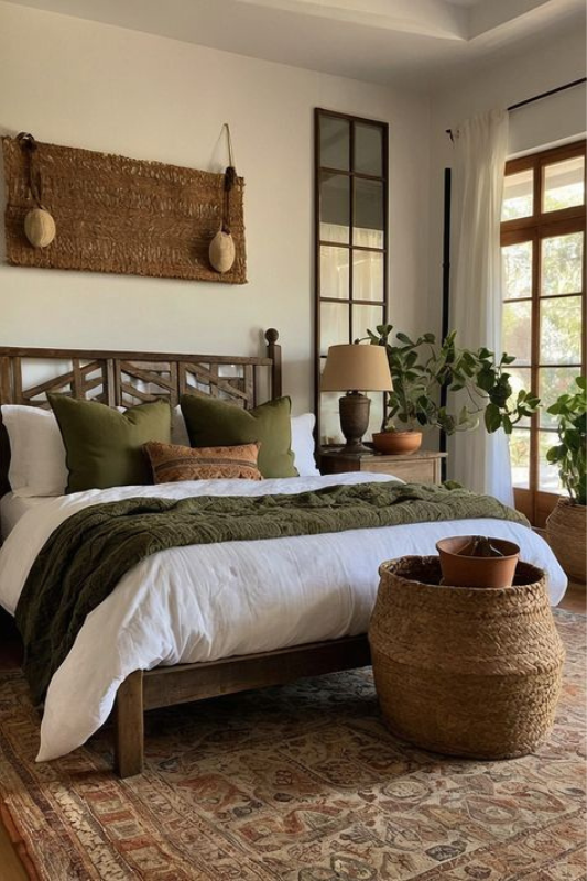 Earthy modern bedroom featuring a dark wood bed frame with white bedding, olive green pillows, a textured throw blanket, woven wall decor, large indoor plants, natural light from French doors, and warm neutral tones for a cozy and organic feel. 