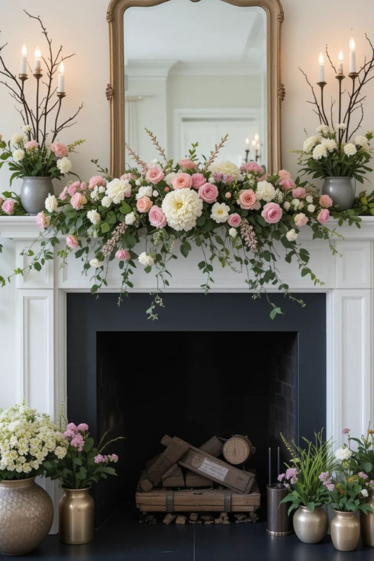 Elegant spring fireplace mantel decorated with a lush garland of pink roses, white peonies, and cascading greenery. A vintage gold mirror anchors the display, flanked by soft candlelight and matching vases. Paired with golden and ceramic floor vases filled with hydrangeas and seasonal blooms, this setup creates a refined and fresh ambiance—ideal for spring home updates, romantic living room styling, and classic floral decor inspiration.