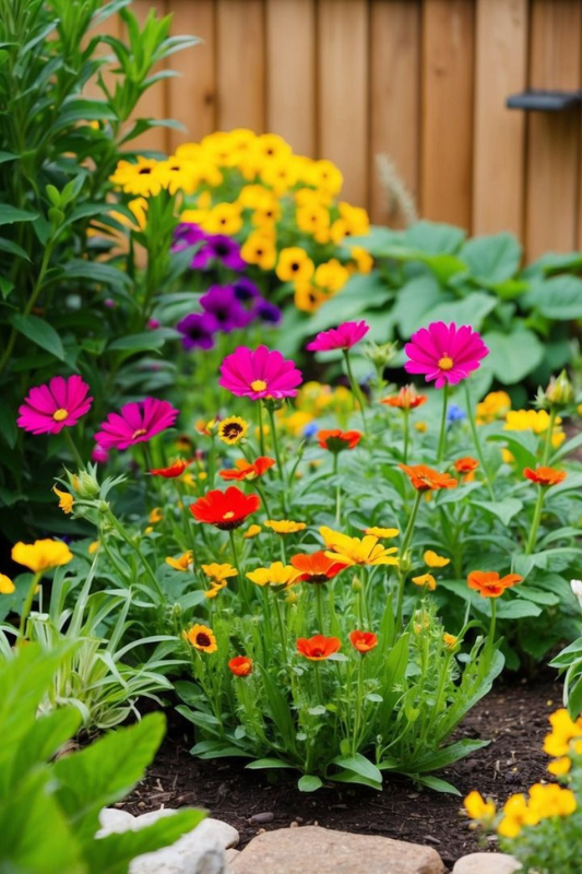 Cheerful mix of pink cosmos, calendula, and pansies blooming in a small garden bed beside a wooden privacy fence.