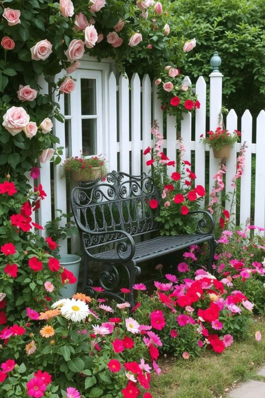 Romantic garden scene with a wrought iron bench, lush pink roses, gerbera daisies, and climbing blooms along a white picket fence.