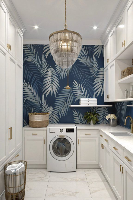 Farmhouse-inspired laundry space with LG washer and dryer, floral wallpaper, open wood shelving, and potted plants for decor.