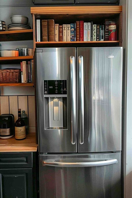Built-in bookshelf above a stainless steel French door fridge in a cozy modern kitchen with wood accents