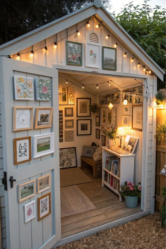 Artistic she shed with framed wall art, bookshelves, string lights, and cozy seating.