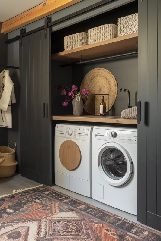 Laundry nook with soft sage green sliding barn doors, woven baskets, neatly folded towels, and a ceramic vase with greenery, all set against a black countertop and natural light from a window.