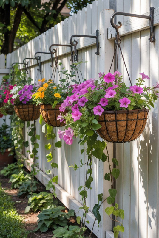 Coconut liner hanging baskets filled with petunias and marigolds mounted on a white wooden fence in a shaded backyard garden.