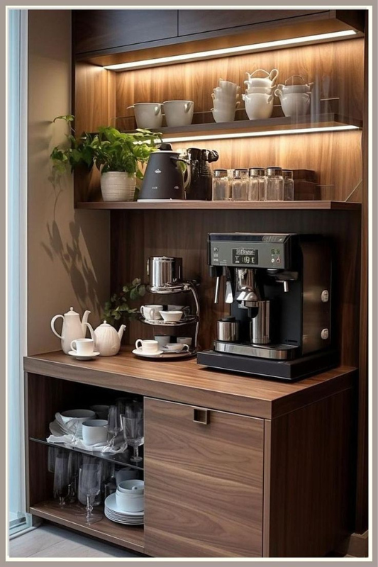 Stylish home coffee bar setup featuring an espresso machine, stacked mugs, glass jars, and warm wood cabinetry, ideal for coffee lovers looking to create a personalized drink station at home. 