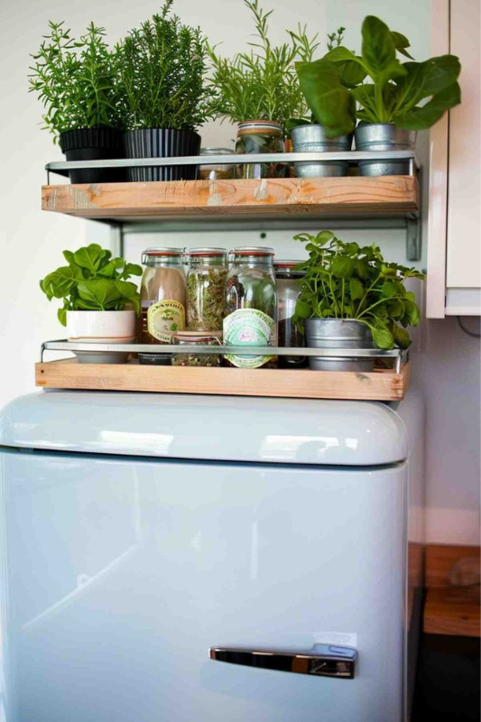 Small kitchen herb garden and spice jars displayed in wooden trays above a retro fridge for functional and decorative storage 