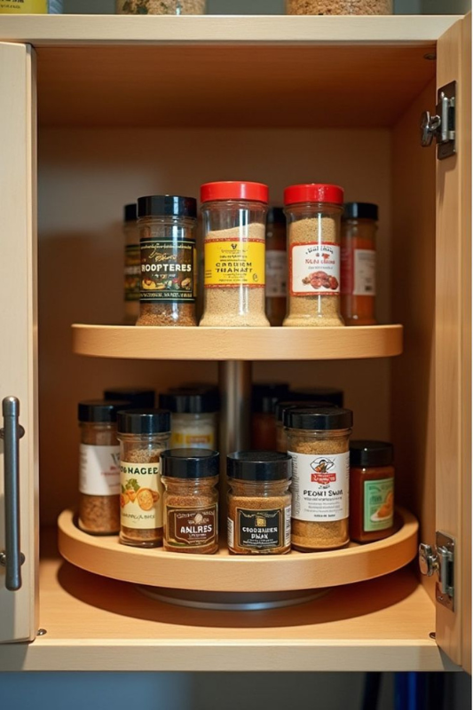 Two-tier wooden Lazy Susan turntable filled with labeled spice jars in a wooden kitchen cabinet, offering easy access and maximizing small cabinet space. 