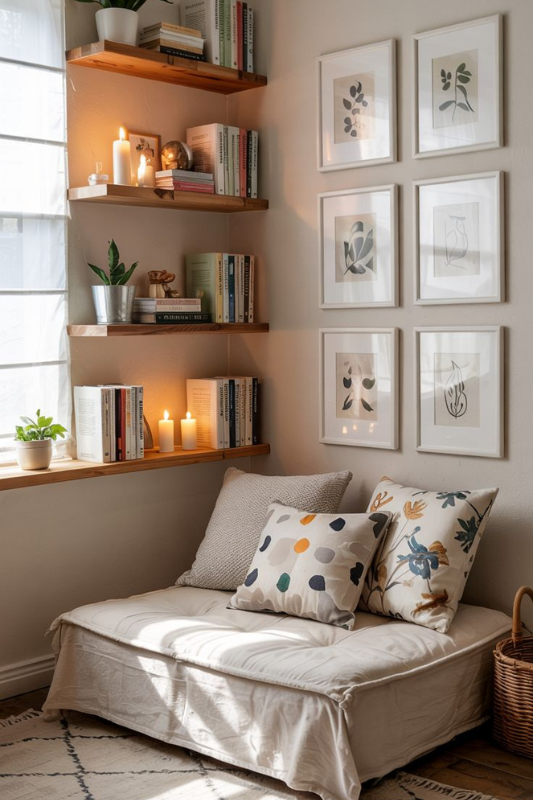 Living room corner with floating wood shelves, books, candles, cream loveseat, patterned pillows, and minimalist framed art