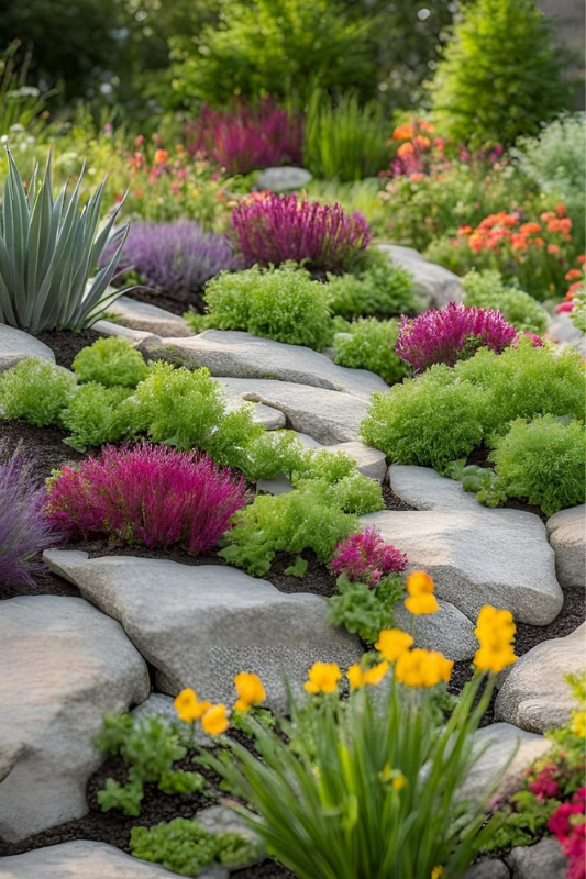 Vibrant rock garden design featuring layered stone slabs, drought-tolerant greenery, purple heather, and yellow flowering perennials in a lush, low-maintenance landscape.