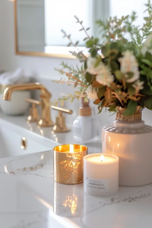 Elegant bathroom countertop with gold faucet fixtures, a ceramic vase of faux greenery, and two lit candles—one in a metallic gold holder and the other in a white jar—creating a warm, luxurious spa-like atmosphere with soft lighting and floral accents. 