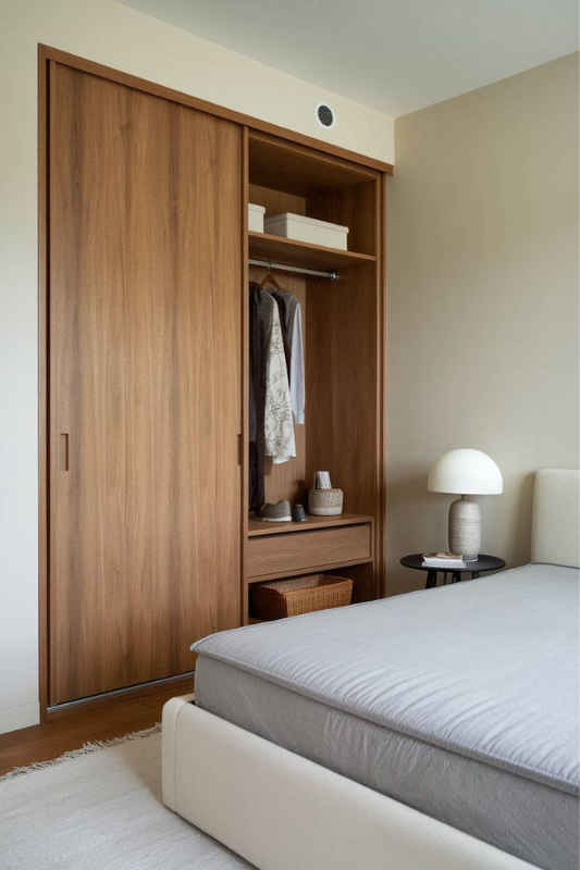 Modern bedroom closet design with natural wood sliding doors, built-in hanging space, clothing neatly arranged, and a nightstand with a round lamp beside a neutral upholstered bed.