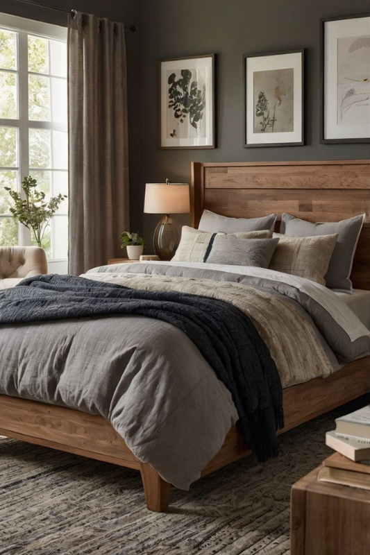 Serene minimalist bedroom featuring a dark charcoal accent wall, warm wood platform bed, layered neutral bedding in soft gray tones, modern nightstands, abstract botanical wall art, and a cozy woven pouf for a peaceful escape. 