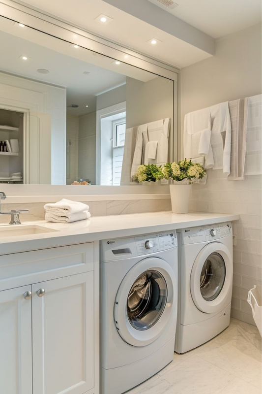 Sleek and space-saving laundry room with stackable Bosch washer and dryer, deep utility sink, and olive green cabinetry featuring brass accents.