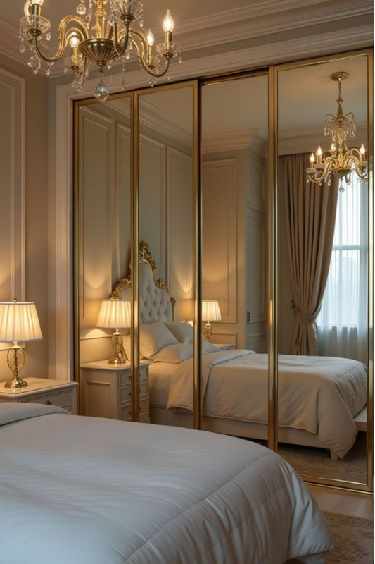 Elegant bedroom featuring a mirrored sliding wardrobe with gold trim, crystal chandelier, and classic decor accents.