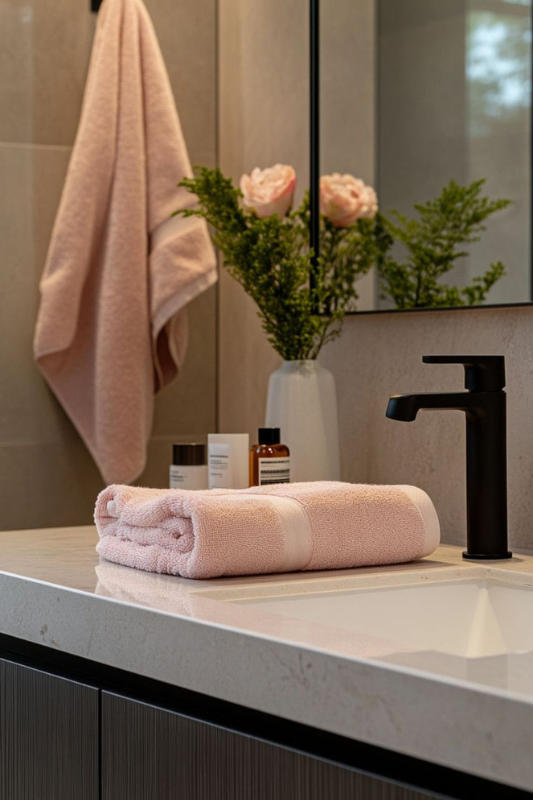 Modern bathroom vanity styled with a soft pink towel folded on the counter, a matte black faucet, a white vase with greenery and blush flowers, and minimal skincare items. The neutral-toned walls and subtle lighting create a cozy yet elegant atmosphere. 