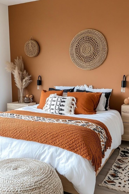 Modern bedroom with a burnt orange accent wall, white bedding layered with rust-colored quilt and boho-style throw pillows, natural wood furniture, black wall sconces, and woven wall baskets for a warm, cozy, and textured aesthetic. 