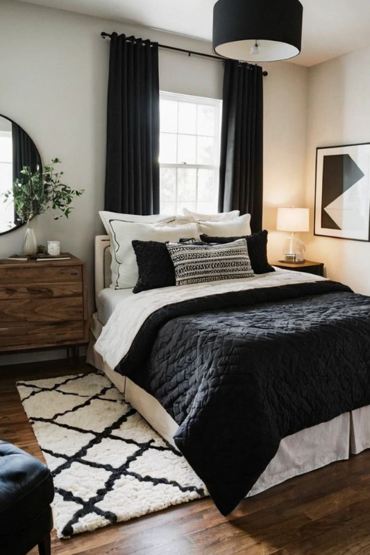 Modern black and white bedroom featuring a black quilted comforter, white bedding, dark blackout curtains, a wood dresser, abstract wall art, and a plush geometric rug over hardwood floors for a bold, balanced, and cozy retreat. 