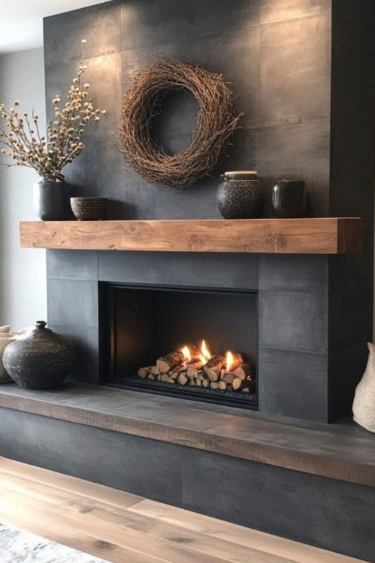 Contemporary black tiled fireplace with a thick natural wood mantle, styled with ceramic vases, a rustic twig wreath, and neutral earth-toned accents. The cozy gas fireplace and clean design offer a perfect blend of modern minimalism and organic textures, ideal for upscale living room inspiration, cozy fireplace ideas, and natural home decor trends.