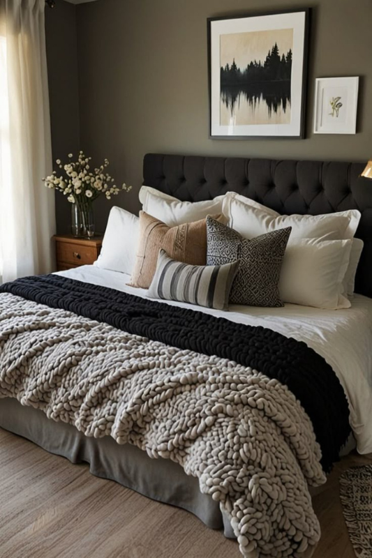 Stylish modern bedroom featuring a deep tufted headboard, cozy chunky knit blanket, layered textured throw pillows, and neutral-toned bedding — ideal for guest room inspiration, cozy modern bedroom ideas, and warm contemporary decor themes. 