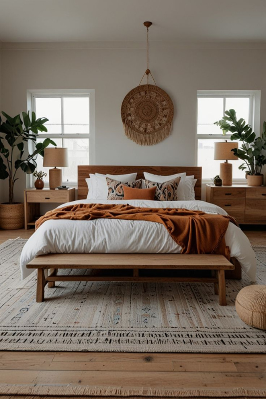 Modern cozy bedroom featuring a low-profile wood bed frame, white bedding with rust-colored throw blanket, patterned accent pillows, matching wood nightstands, neutral area rug, indoor plants, and a woven wall hanging for a warm and minimalist aesthetic. 