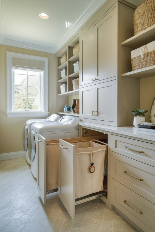 Modern laundry room with dark green built-in cabinets, stacked Bosch washer and dryer, and brass faucet above a white utility sink, styled with woven baskets and ambient lighting. 