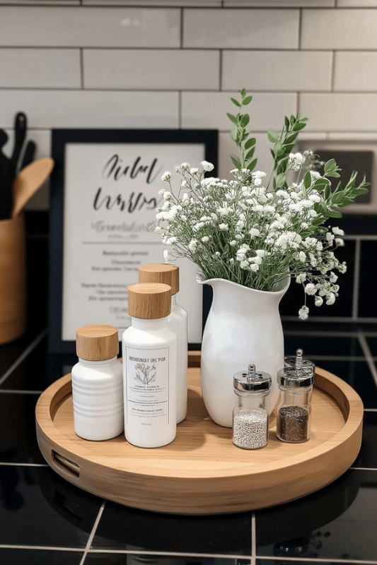 Modern decorative kitchen tray setup featuring minimalist white ceramic canisters with bamboo lids, glass salt and pepper shakers, and a white pitcher filled with baby’s breath and greenery, all styled on a round wooden tray against a black tile countertop and white subway backsplash