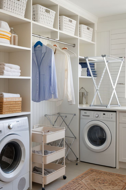 Modern laundry room with dark green cabinets, gold hardware, stacked Bosch washer and dryer, and integrated sink area with open wicker basket storage.