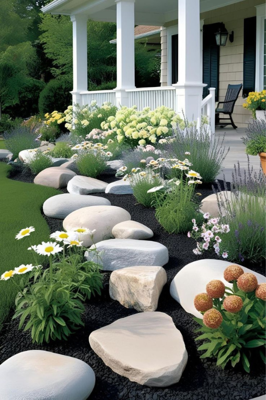 Front yard flower bed with white hydrangeas, daisies, and lavender bordered by large decorative stones and black mulch.
