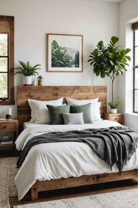 Modern rustic bedroom with a natural wood headboard, layered white and green throw pillows, cozy charcoal throw blanket, and abundant indoor plants — a perfect blend of earthy bedroom decor and nature-inspired interior design. 