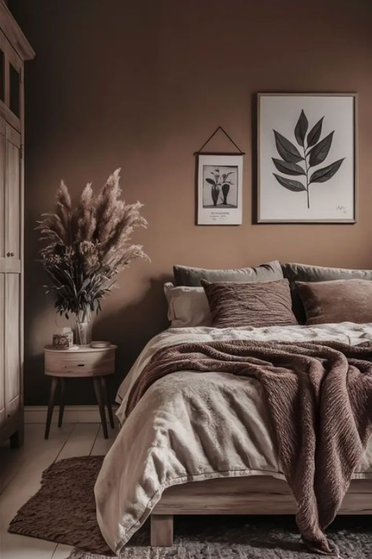 Cozy moody bedroom featuring a deep brown accent wall, neutral layered bedding in beige and cocoa, pampas grass arrangement in a glass vase, minimalist wood furniture, and nature-inspired wall art for a warm and grounded retreat. 