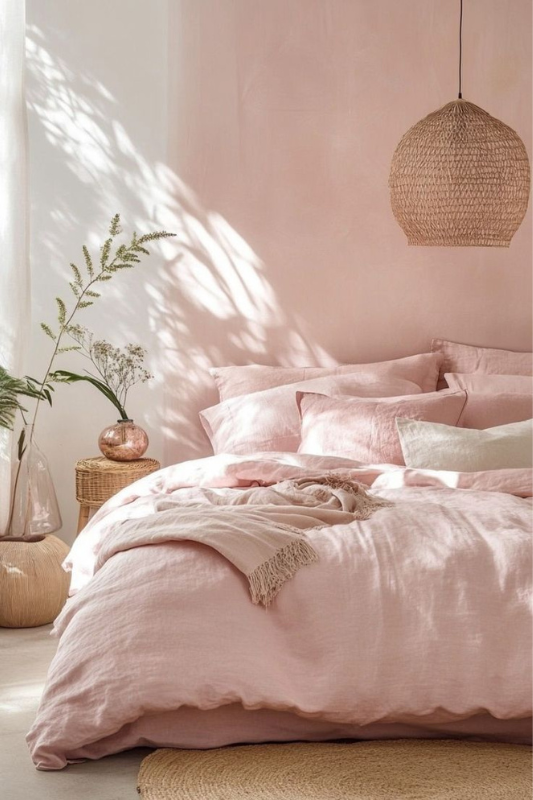 Cozy natural bedroom decor featuring blush pink linen bedding, layered pillows, and a beige woven throw. The space is styled with light wood accents including a rattan pendant light, wicker side table, and neutral jute rug. Soft sunlight filters through sheer white curtains, highlighting a minimal vase with greenery, perfect for a warm and airy boho-chic bedroom design. 