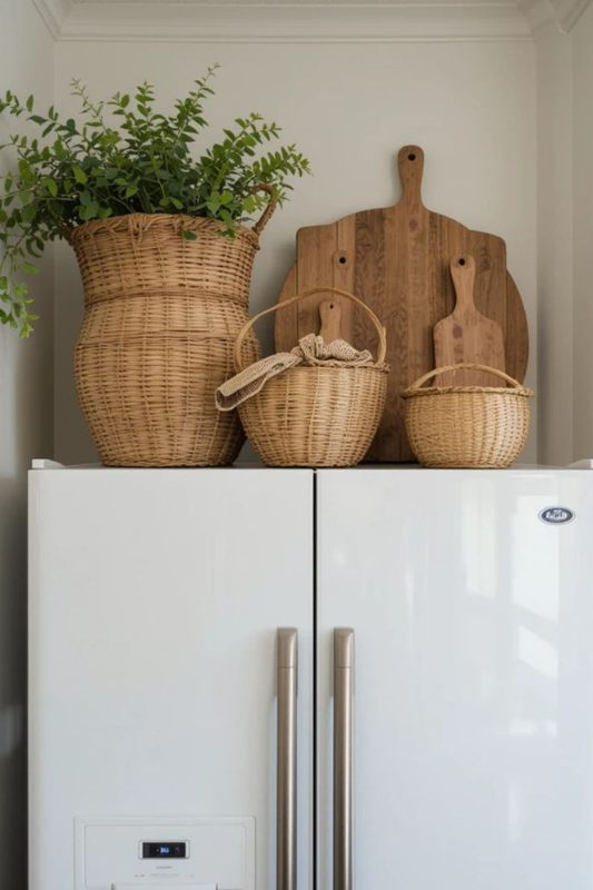Neutral kitchen decor above a white fridge featuring woven baskets, greenery, and layered wooden cutting boards, creating a rustic farmhouse look. 