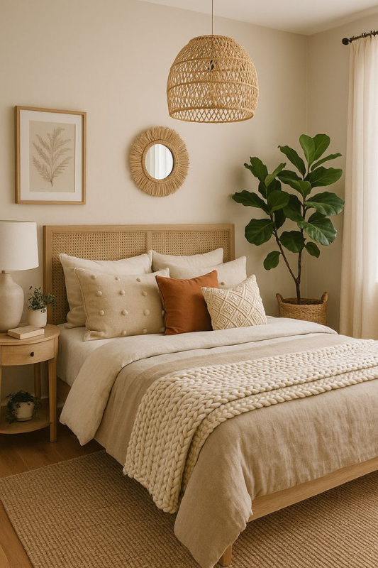 Cozy neutral bedroom featuring a cane headboard, layered beige and rust pillows, chunky knit blanket, woven pendant light, and indoor fiddle leaf fig for a warm natural look 