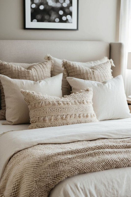 Elegant neutral bedroom with cozy cream tones, textured throw pillows, a woven boho lumbar pillow, and layered soft bedding—perfect for those seeking minimalist bedroom inspiration, neutral color palette ideas, and modern cozy room decor. 
