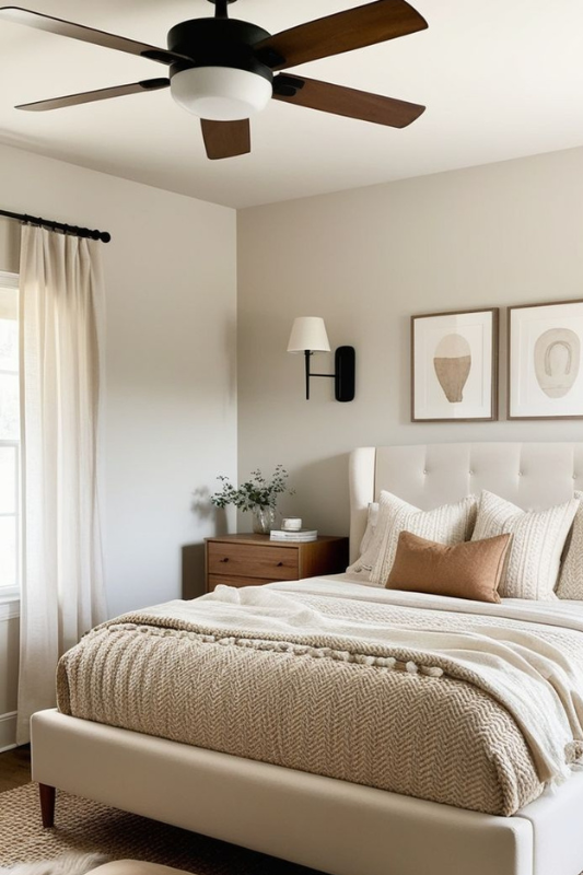 Neutral cozy bedroom featuring a tufted upholstered bed, textured beige bedding, fluffy throw pillows, and a modern black ceiling fan — perfect for neutral bedroom ideas, cozy bedroom inspiration, and textured home decor lovers. 
