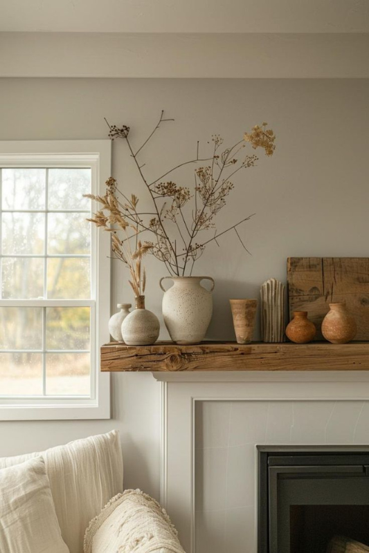 Tranquil rustic fireplace mantel styled with a raw wood beam, featuring neutral ceramic vases, dried wildflowers, terracotta accents, and textured pottery. The soft earthy palette and minimal design evoke calm, cozy farmhouse charm—perfect for Scandinavian-inspired living rooms, boho rustic interiors, and modern organic home decor ideas.