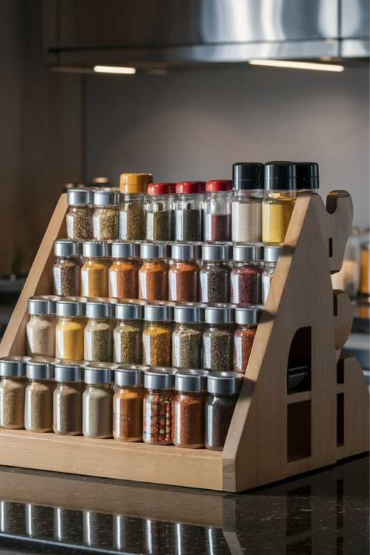 Modern kitchen cabinet neatly arranged with matching spice jars, labeled oil dispensers, and airtight baking ingredient canisters for a visually pleasing and functional spice and baking station. 